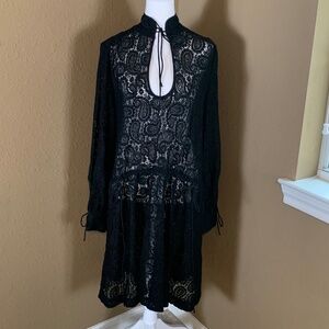 H&M Black Lace Dress Small NWT Gothic Sheer Long Sleeve Tie Neck